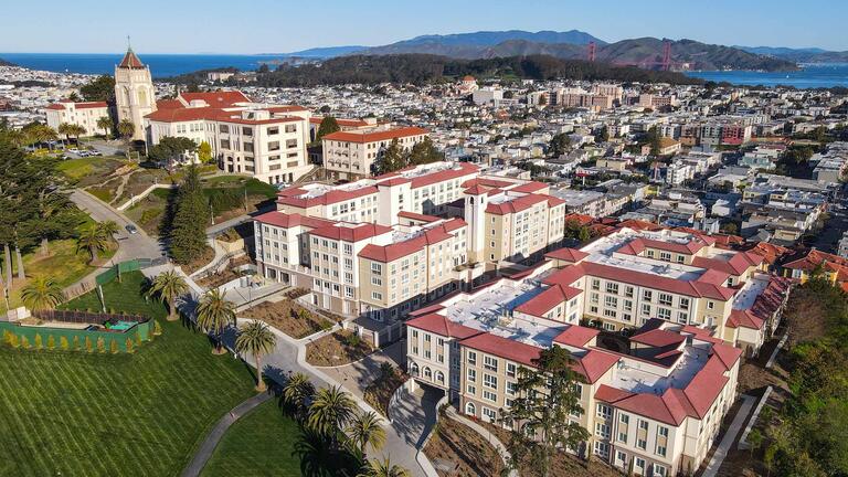 Lone Mountain East residence hall seen from the air.