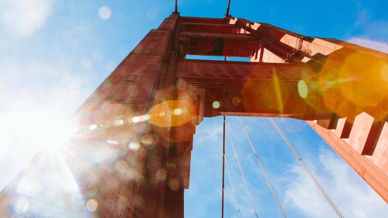 Golden Gate Bridge tower seen from below.