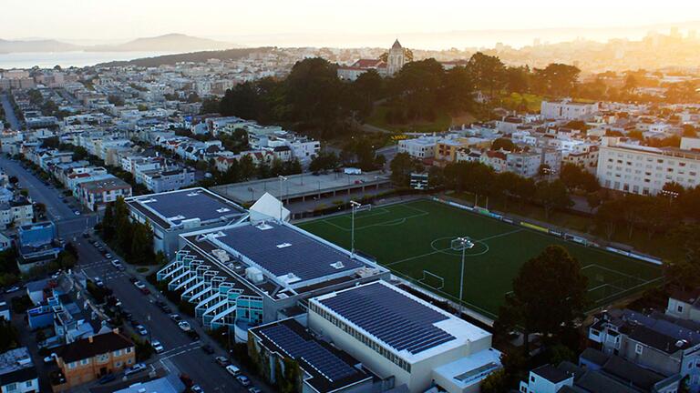 Koret Health and Recreation Center at dawn.