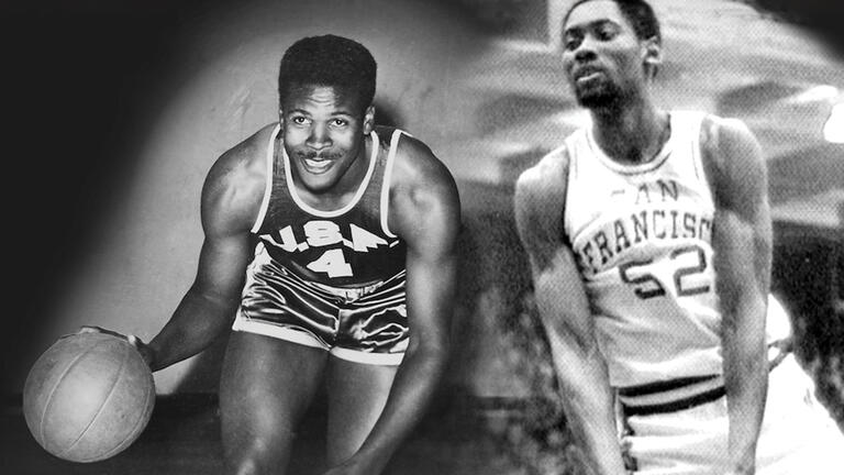 Photo collage of USF basketball players K.C. Jones and James Hardy