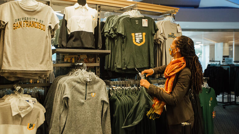 Browsing clothes at the campus bookstore