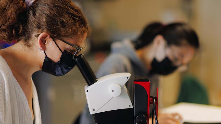 Student looks into a microscope
