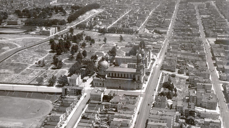 USF campus from the air, showing graveyards in the neighborhood.