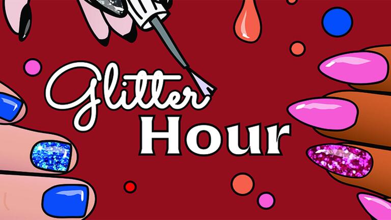Graphic of animated hands wearing various bright colors advertising glitter hour written in nail polish