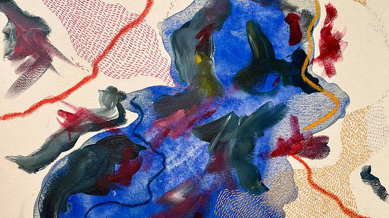 Grace Scerni, Deep Blue, acrylic, oil pastel, and embroidery on canvas