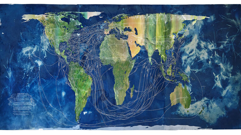 Connie Zheng, Routes/Roots, 2021, mixed media on silkscreen and cyanotype print