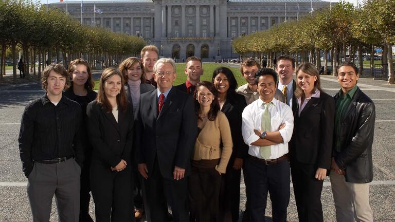 Leo T. McCarthy and students in front of SF City Hall
