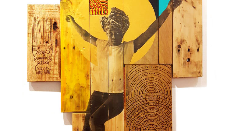 Shanna Strauss, When she rises, mixed media on found wood, 2018