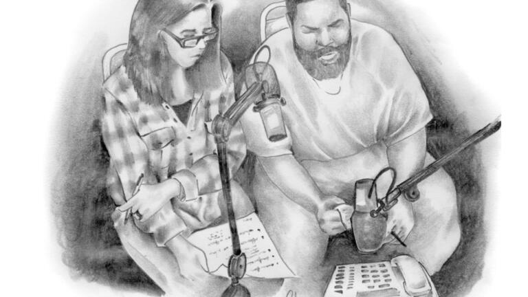 Drawing of Nigel Poor and Earlonne Woods recording their podcast