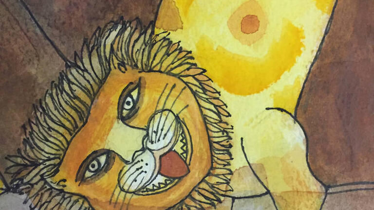 Painting of a lion by Badri Narayan — Untitled (detail), n.d., watercolor on paper.