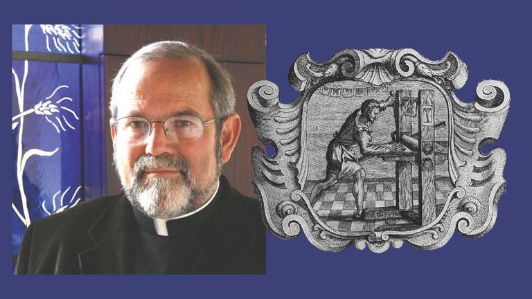 Fr. Tom Lucas SJ and engraving of early printing press and printer