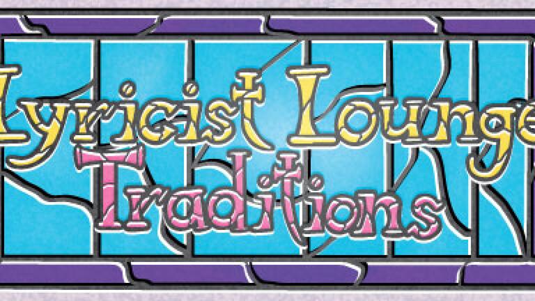 November Lyricist Lounge banner with the theme &quot;Traditions&quot; in a sky blue background similar to the look of stain glass windows with a purple border. 