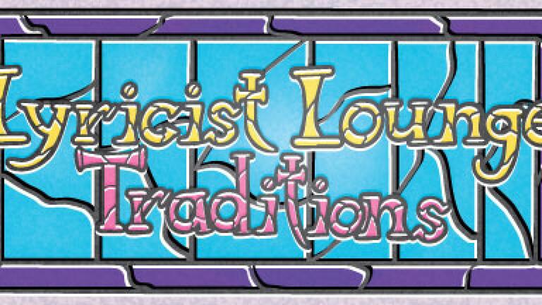 November Lyricist Lounge banner with the theme "Traditions" in a sky blue background similar to the look of stain glass windows with a purple border.