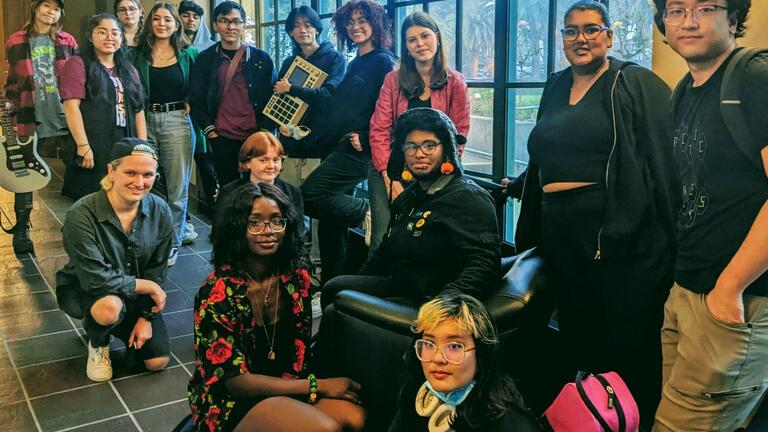 Student musicians posed outside USF Studio Theater