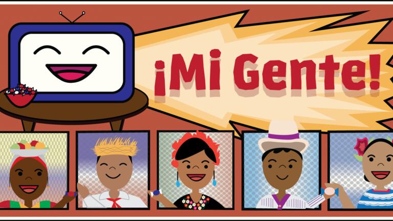 Image of 5 people of varying identities within the Latin American community in front of a smiling TV with the title &quot;¡Mi Gente!&quot; in big red text. 
