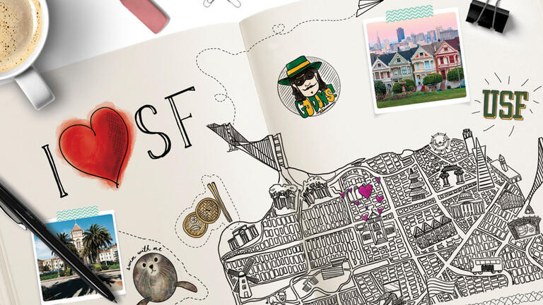 Collage of drawings and pictures that represent SF, plus the words "I Love SF".