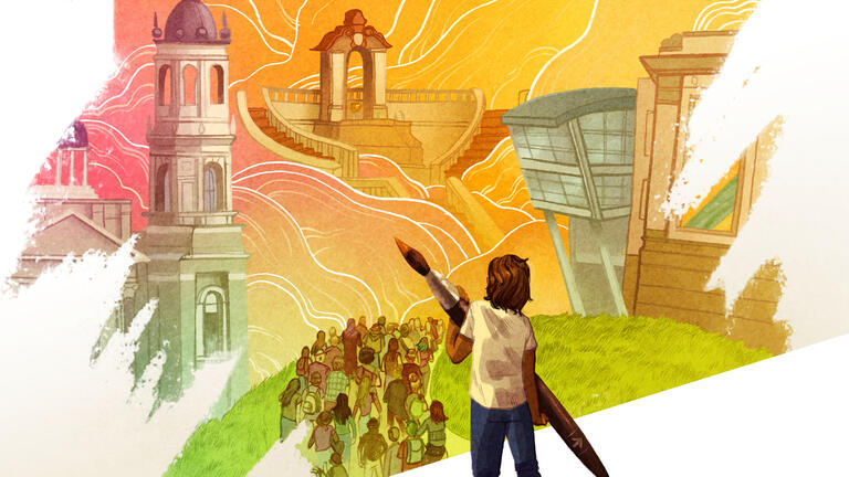 Illustration of person with paintbrush looking over USF landmarks.