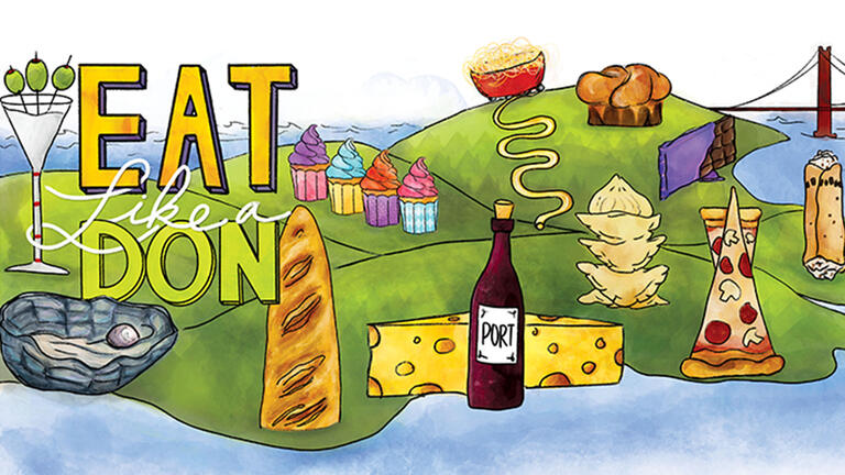 Illustration of various foods laid out around the bay are with the words Eat Like a Don.