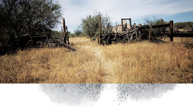 Photo and illustration of trail passing through dilapidated wood fence