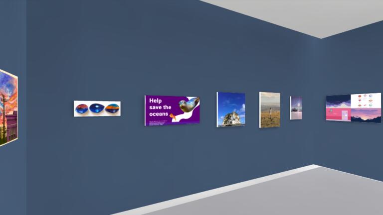 Virtual set up of the exhibit with seven different exhibit objects