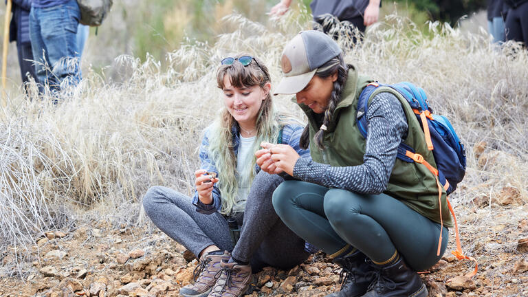 students sitting together at a park looking at stones