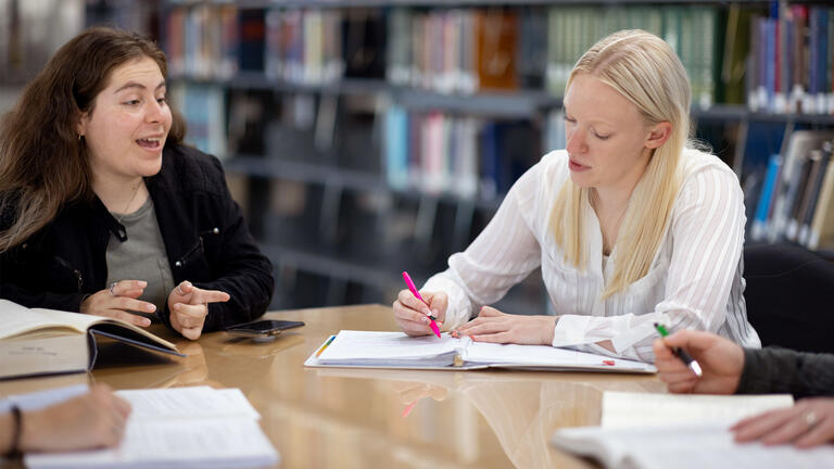 two students studying in the library