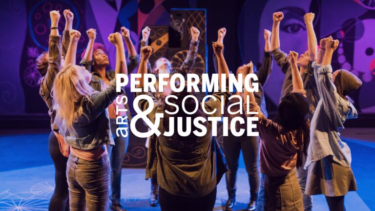 Student actors on stage performing.