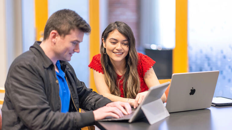 Two USF students working together on their laptops