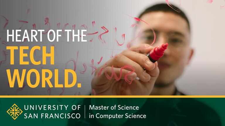Student writing on whiteboard, Computer Science Logo