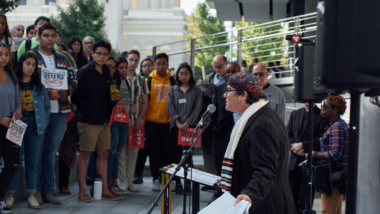 students gathered with protest signs