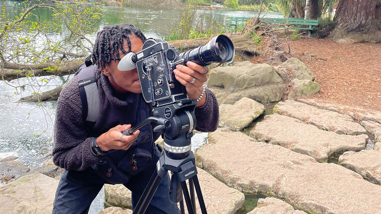 USF student filming in Golden Gate Park for class