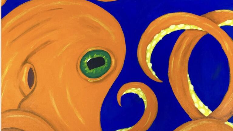 Painting of an octopus with eye and tentacles