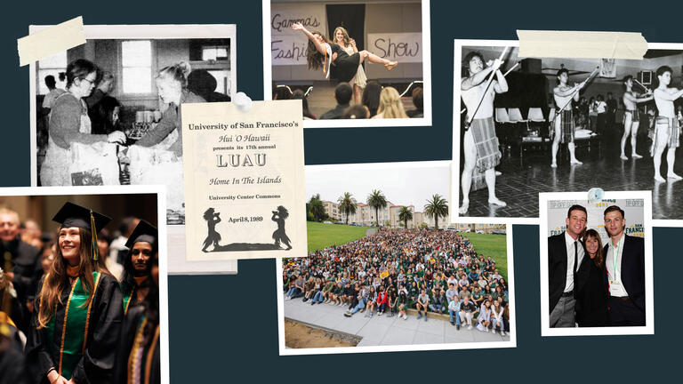 Collage of USF students, including a text invitation for a luau.