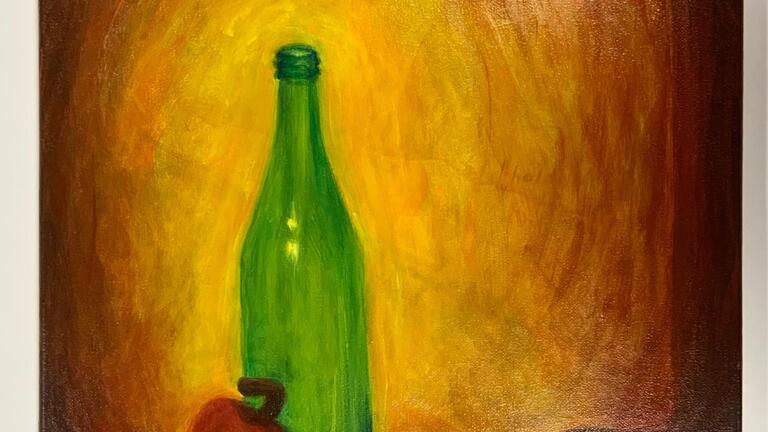 Still life painting with bottle, apple, and carrot