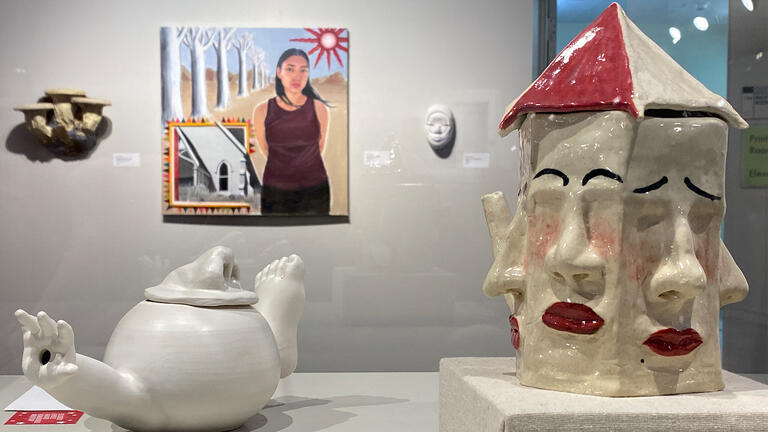 Installation view featuring Maggie Galletti, Zoë Amburn, Ella Geronimo (wall, left to right). Foreground left: Hand Foot and Mouth Disease by Kathryn McAvoy. Foreground right: Nosey Ladies by Lena Klein