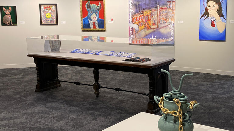 Installation view featuring works by Priscilla Arrighi, Samuel Cowden, Gianna Palanca, Grace Cookston, Ella Nowinski (wall, left to right) and Nick Ramos (foreground)