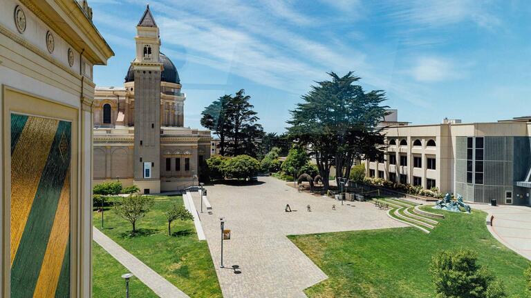 Plaza outside of the Gleeson Library and St Ignatius Church