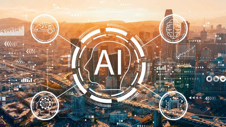 City skyline with digital AI overlays, including brain, gears, and data visuals