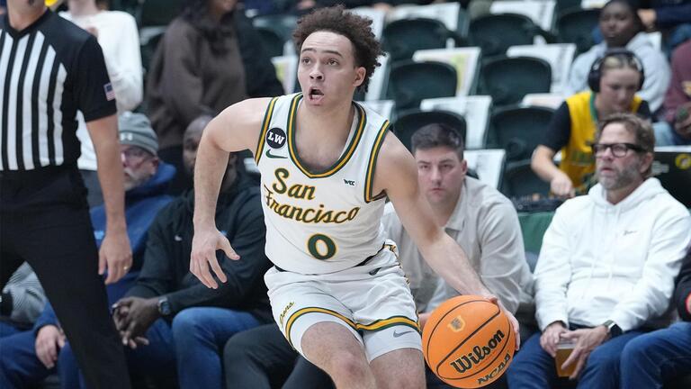 USF men's basketball player dribbling
