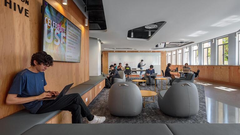 student using laptop in the innovation hive at usf