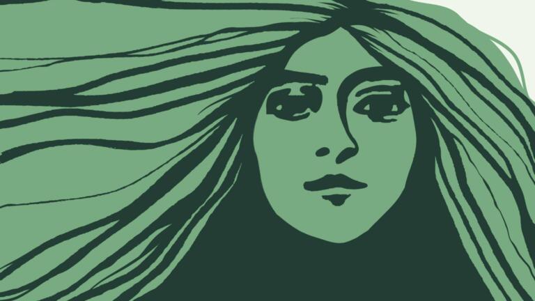 An illustrated woman with long flowing hair, drawn with a green palette.