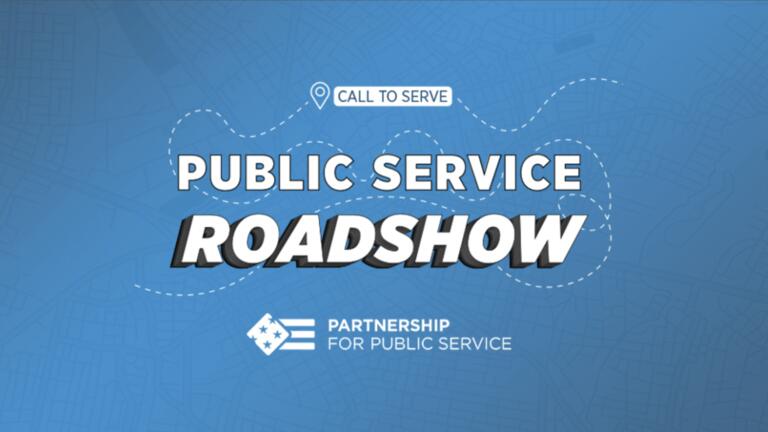 title that says public service roadshow with logo for partnership for public service 