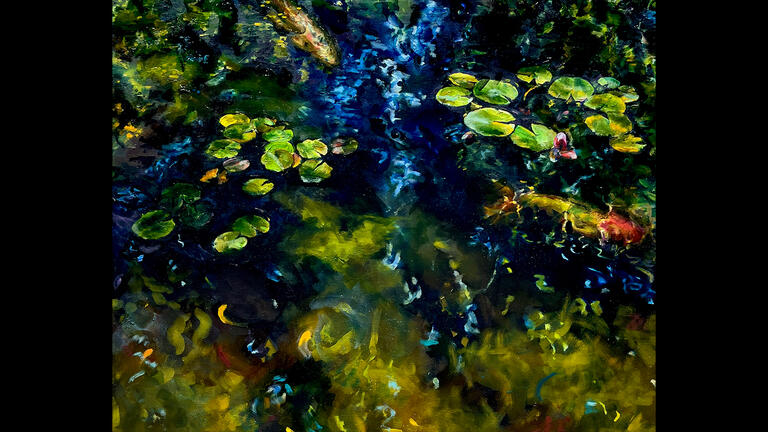Mimi Sheiner, Koi Pond, 2025, oil on cradled panel, 20” x 30"