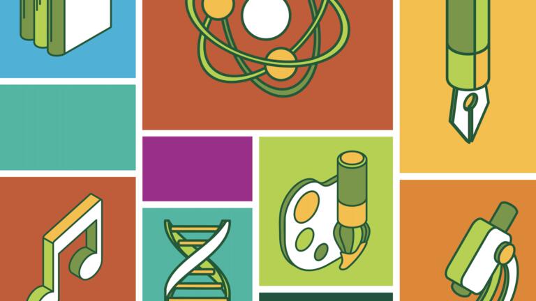 CARD drawings of books, atom, pen, music note, DNA, palette, and microscope
