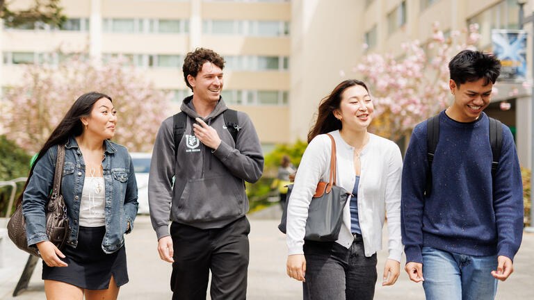 Group of friends walking on campus.