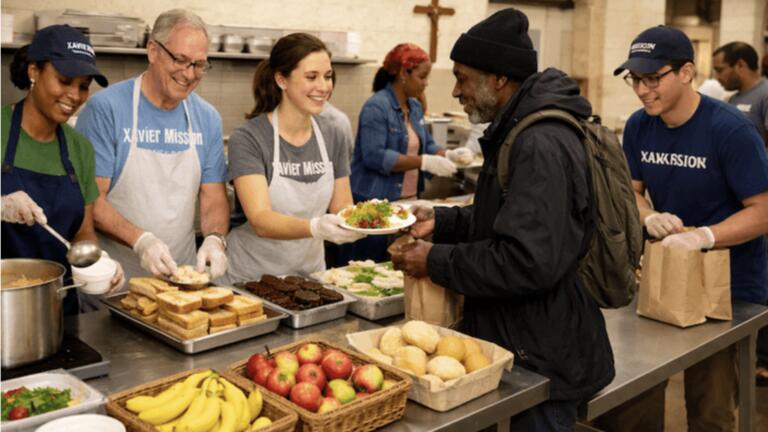 Group of people serving food at a food kitchen
