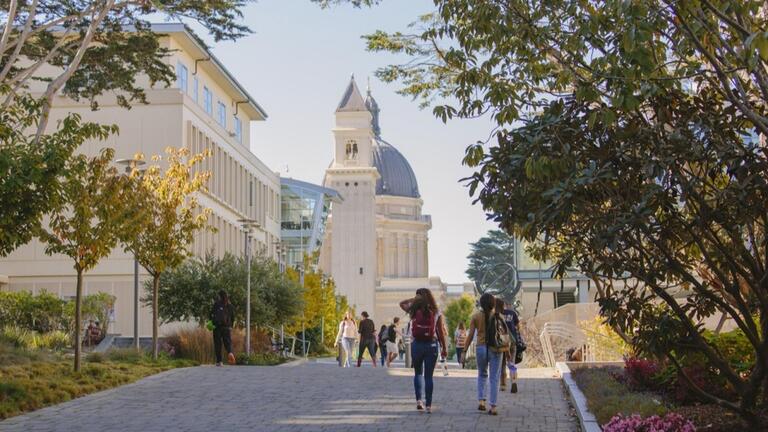 Students walk through the center of USF campus.