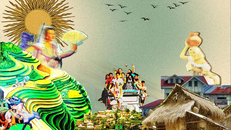 Collage of images that include a sun, a group of people traveling on a jeep, a person carrying a vessel on her head, birds in air, and a thatched roof