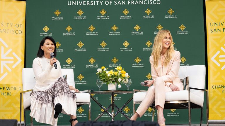 Nicole Kidman on stage with Vicky Nguyen at the Silk Speakers Series