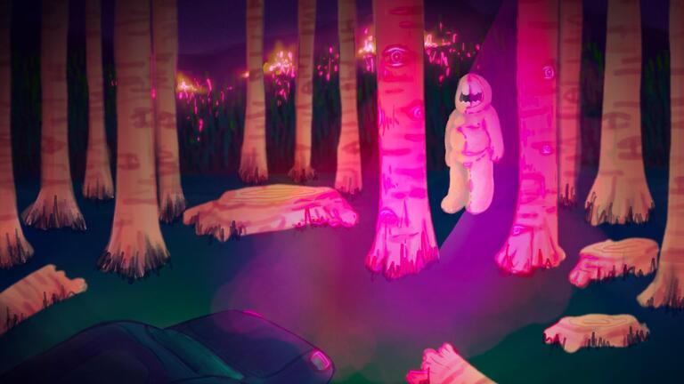 painting of an encounter between a car and a creature in the woods